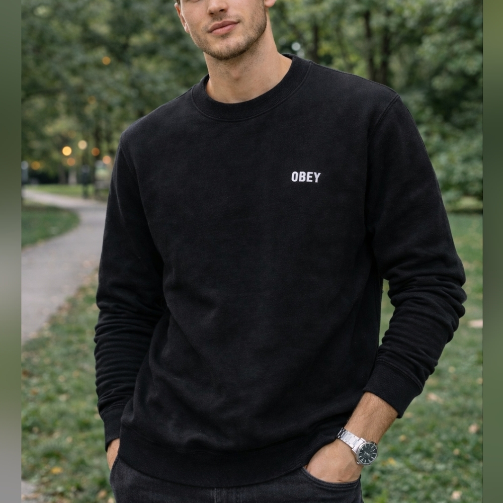 Obey Black Crewneck Sweater Size M Cotton Blend Streetwear Minimalist Logo